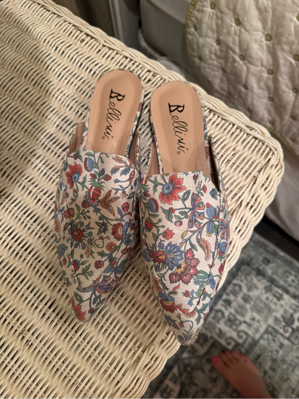Bellini Floral Pointed-Toe Mules in Cream with Multicolor Blooms